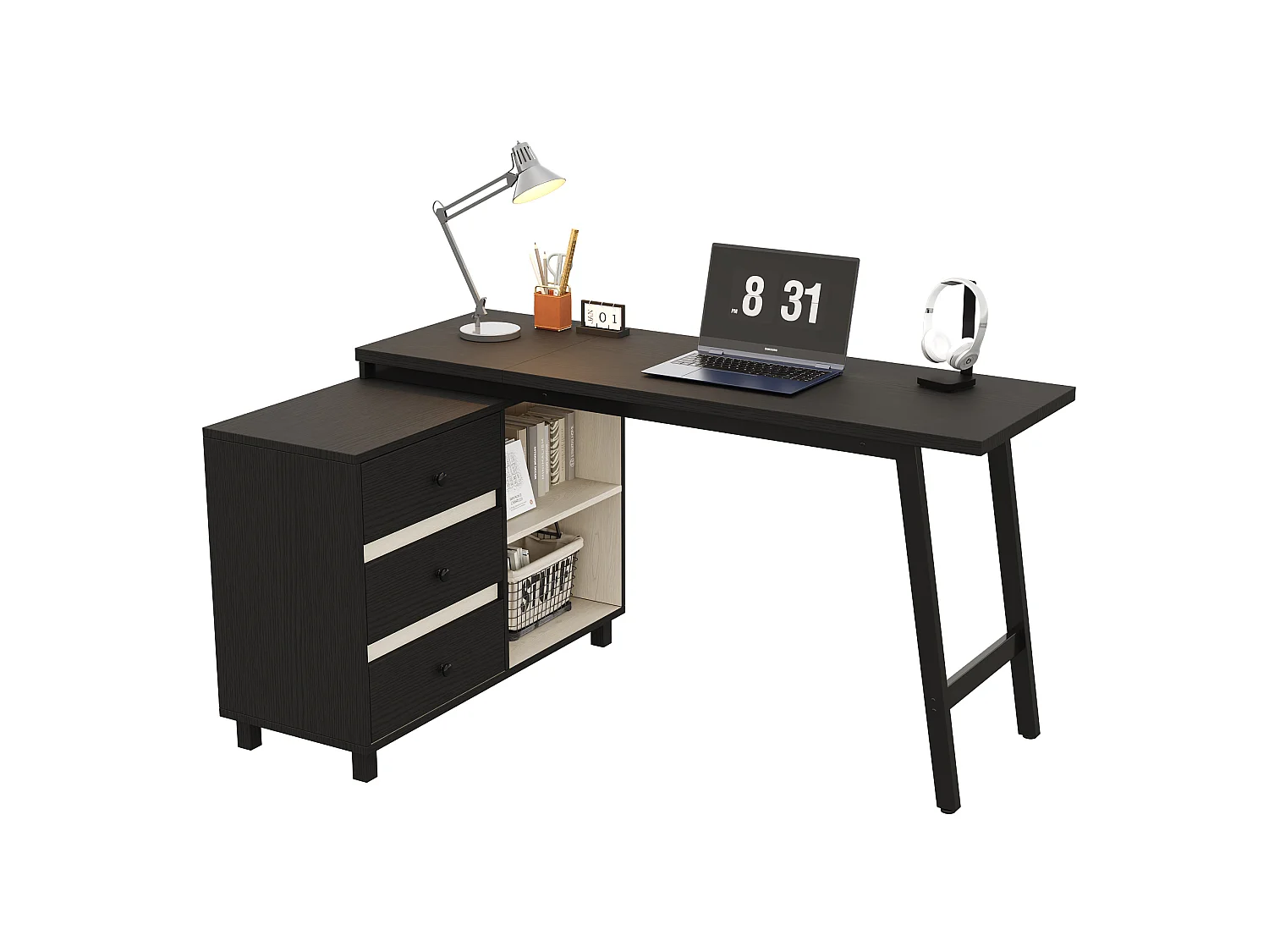 Zwart hoekbureau (150x100x76 cm) met 3 lades en 2 open vakken
