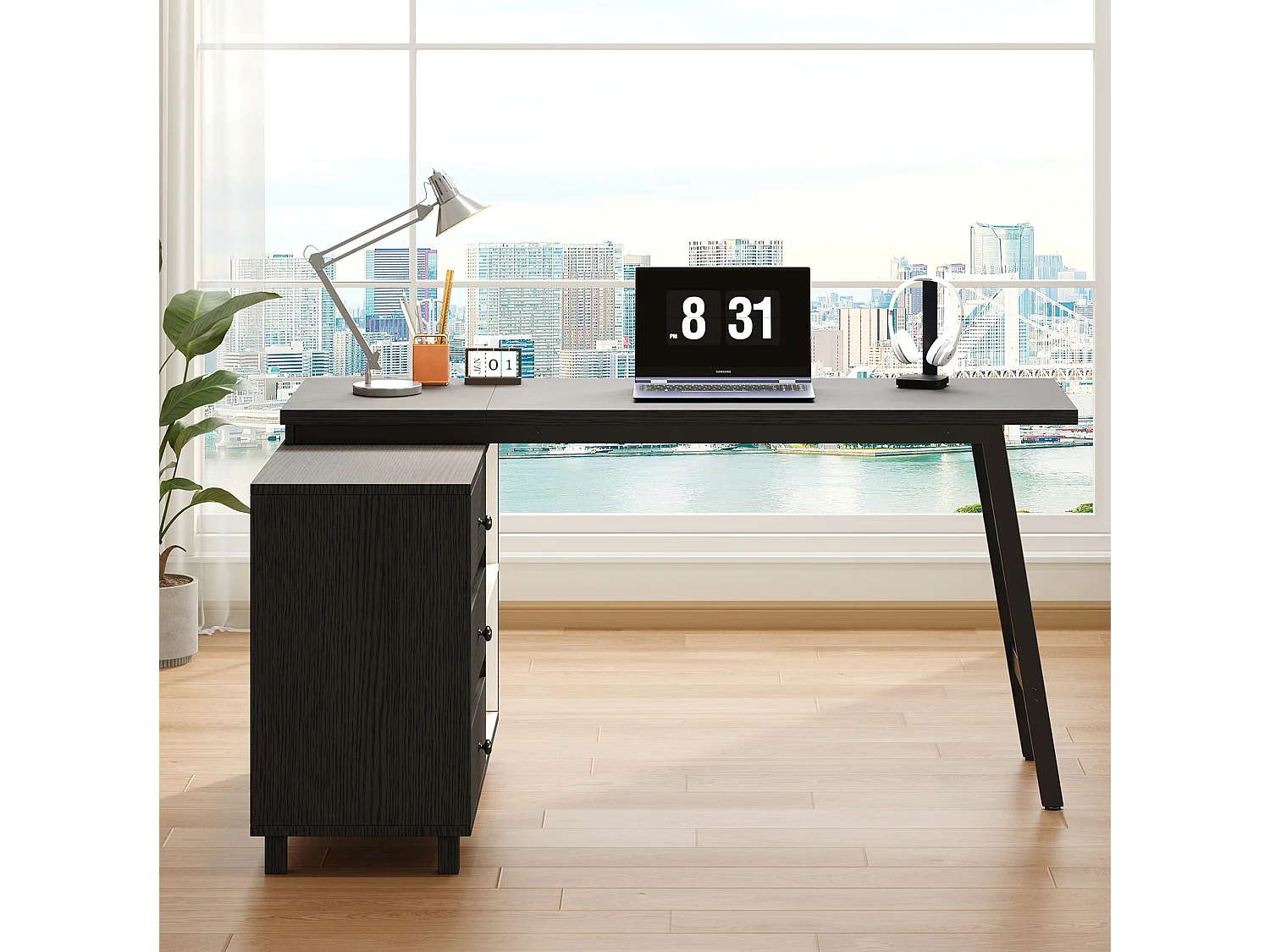 Zwart hoekbureau (150x100x76 cm) met 3 lades en 2 open vakken