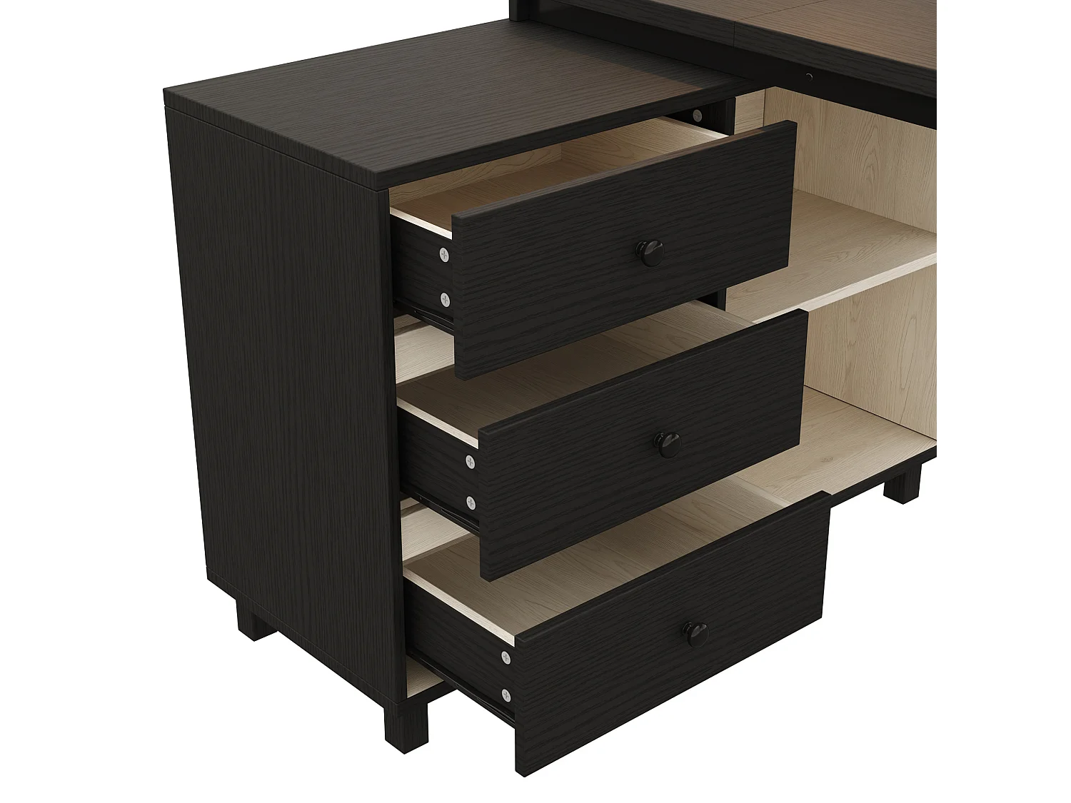 Zwart hoekbureau (150x100x76 cm) met 3 lades en 2 open vakken