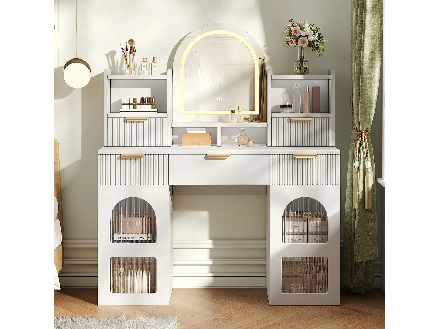 Sminkbord med LED-spegel, 3 lådor och 2 glasdörrar – Vit, 120 × 40 × 139,5 cm