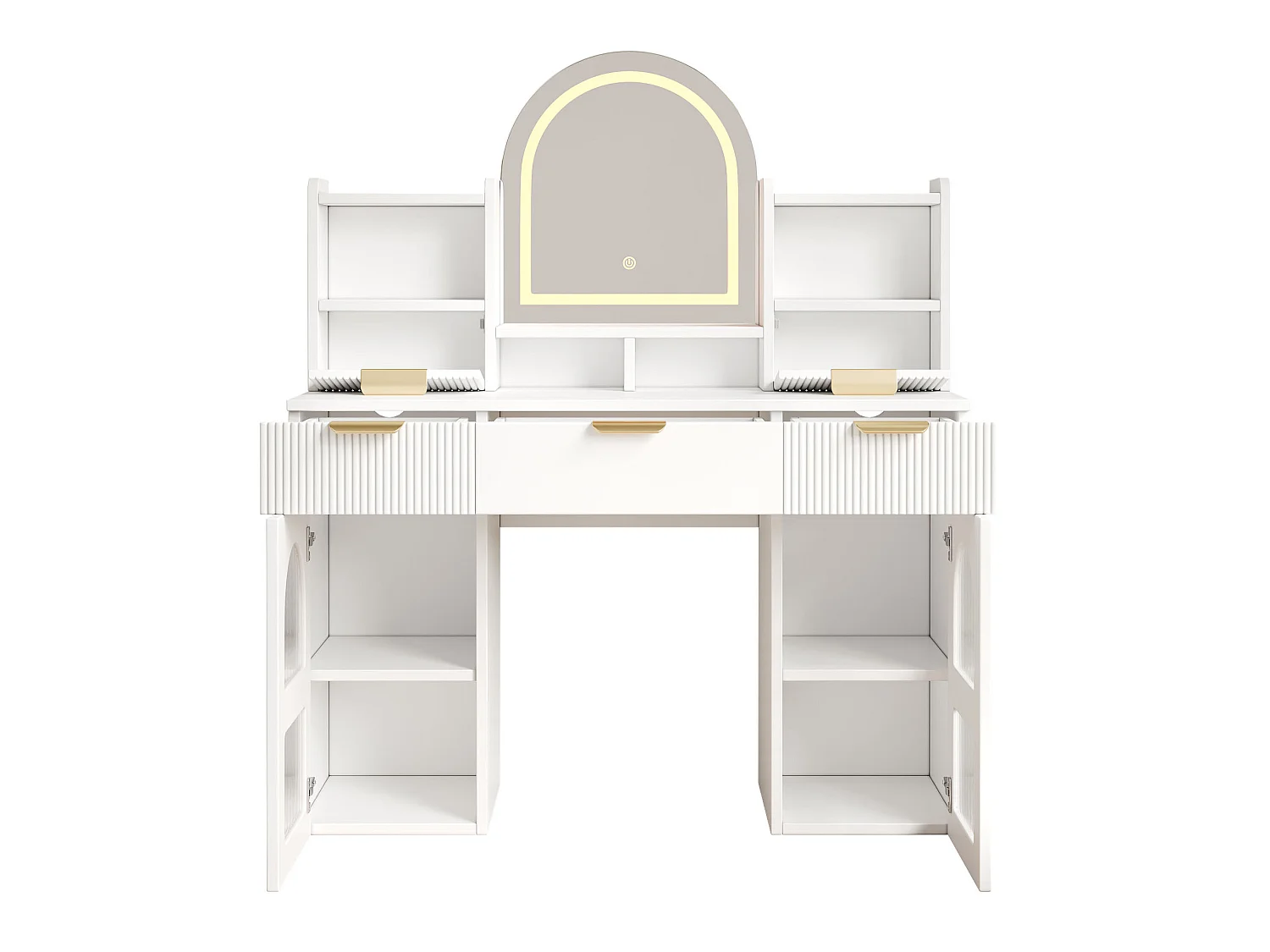 Sminkbord med LED-spegel, 3 lådor och 2 glasdörrar – Vit, 120 × 40 × 139,5 cm