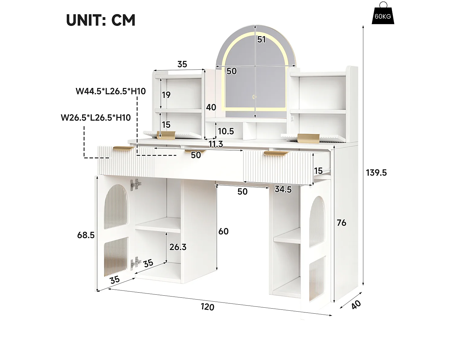 Sminkbord med LED-spegel, 3 lådor och 2 glasdörrar – Vit, 120 × 40 × 139,5 cm
