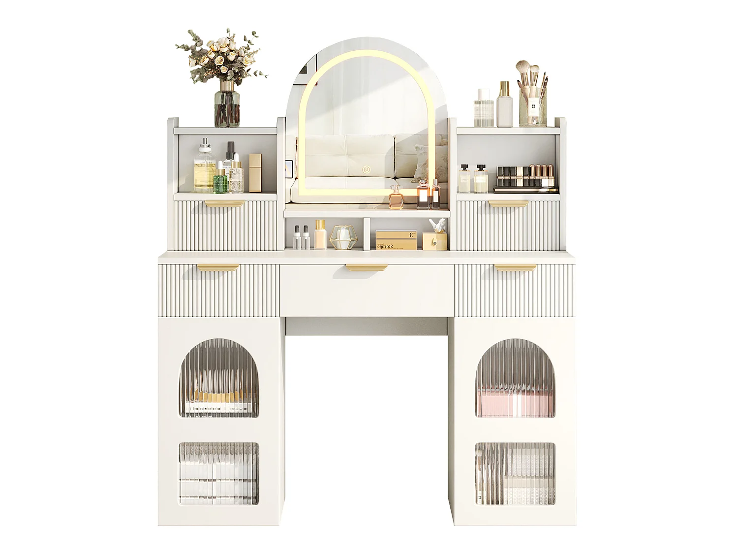 Sminkbord med LED-spegel, 3 lådor och 2 glasdörrar – Vit, 120 × 40 × 139,5 cm