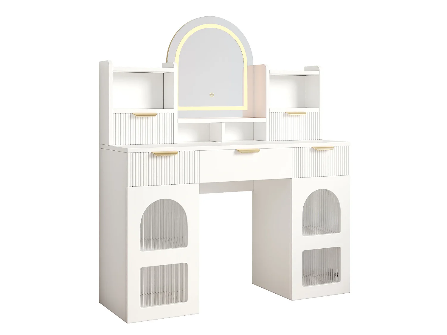 Sminkbord med LED-spegel, 3 lådor och 2 glasdörrar – Vit, 120 × 40 × 139,5 cm