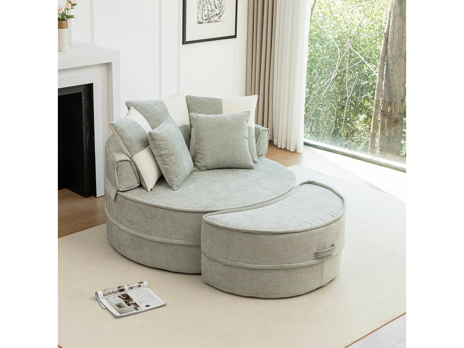 Canapé simple rond avec 5 coussins - Tissu chenille vert menthe - Pour salon et chambre