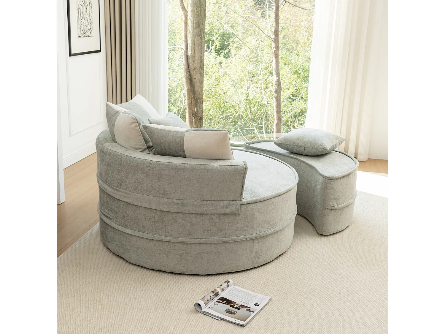 Canapé simple rond avec 5 coussins - Tissu chenille vert menthe - Pour salon et chambre