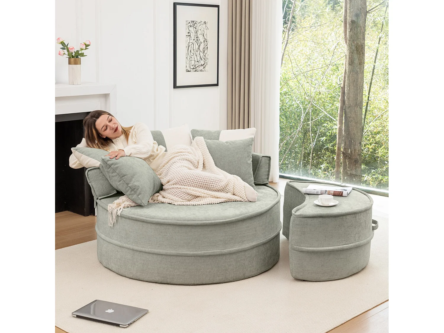 Canapé simple rond avec 5 coussins - Tissu chenille vert menthe - Pour salon et chambre