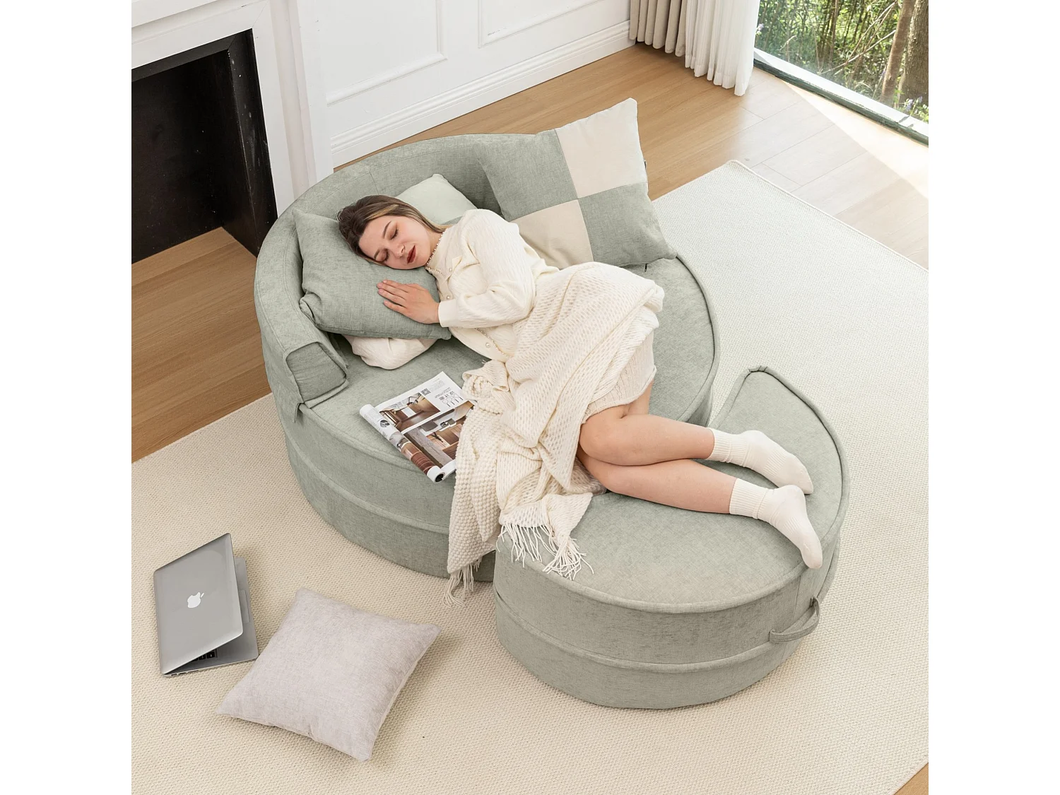 Canapé simple rond avec 5 coussins - Tissu chenille vert menthe - Pour salon et chambre