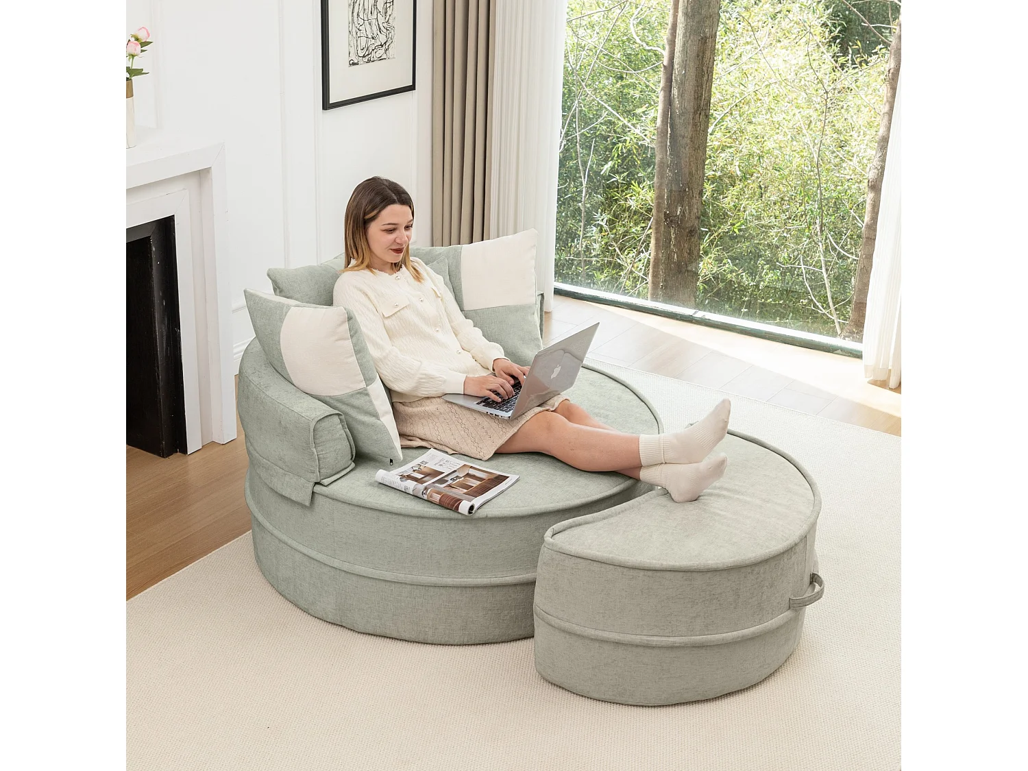 Canapé simple rond avec 5 coussins - Tissu chenille vert menthe - Pour salon et chambre