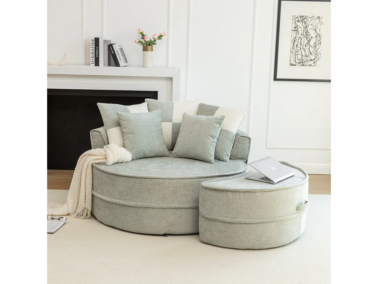 Canapé simple rond avec 5 coussins - Tissu chenille vert menthe - Pour salon et chambre