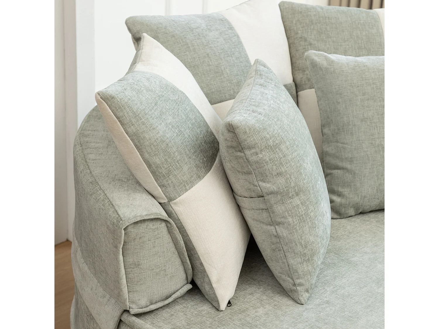 Canapé simple rond avec 5 coussins - Tissu chenille vert menthe - Pour salon et chambre