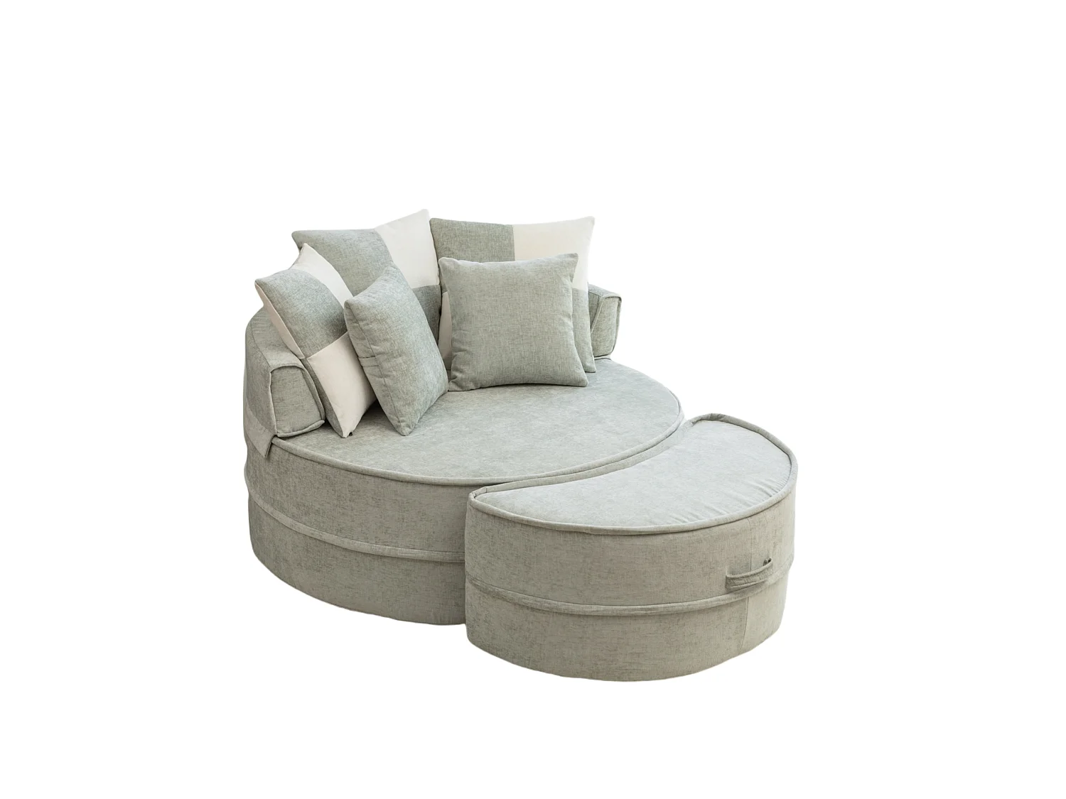 Canapé simple rond avec 5 coussins - Tissu chenille vert menthe - Pour salon et chambre