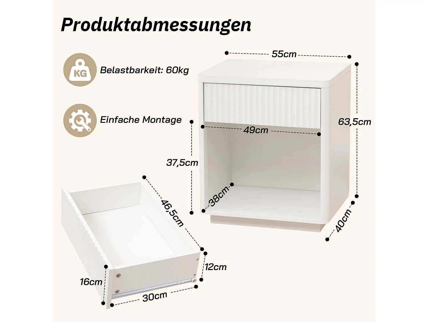 Vita sängbord (55 x 40 x 63,5 cm) med en låda och ett öppet fack.