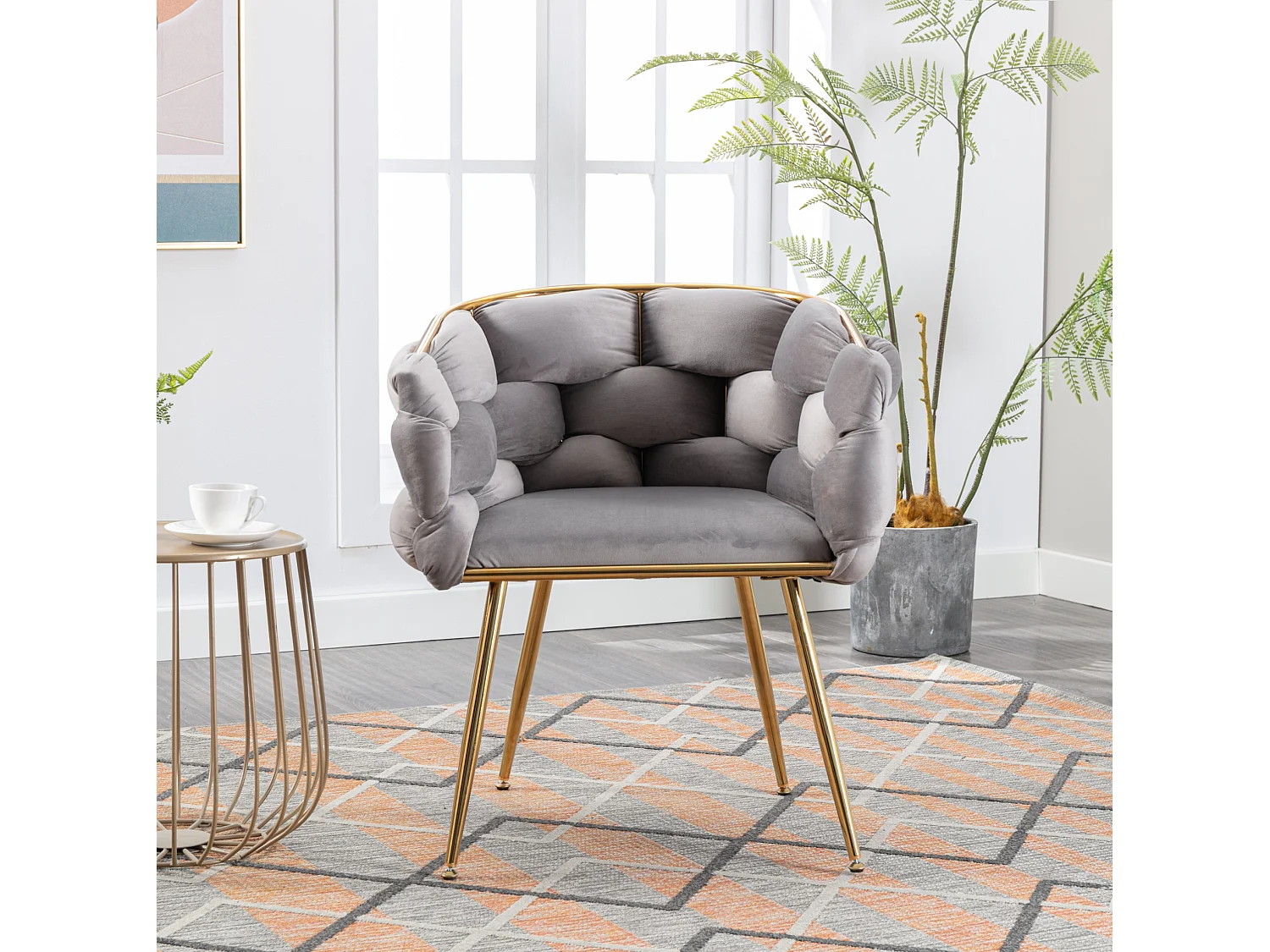 Chaise en velours gris avec cadre en métal doré - Pour chambre, salon, salle à manger
