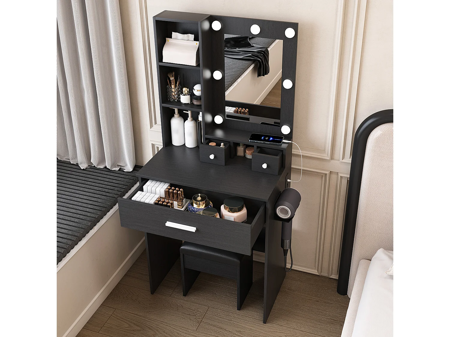 Coiffeuse avec miroir LED, prise, tabouret et 3 tiroirs - Noir 60 x 38 x 131.5 cm