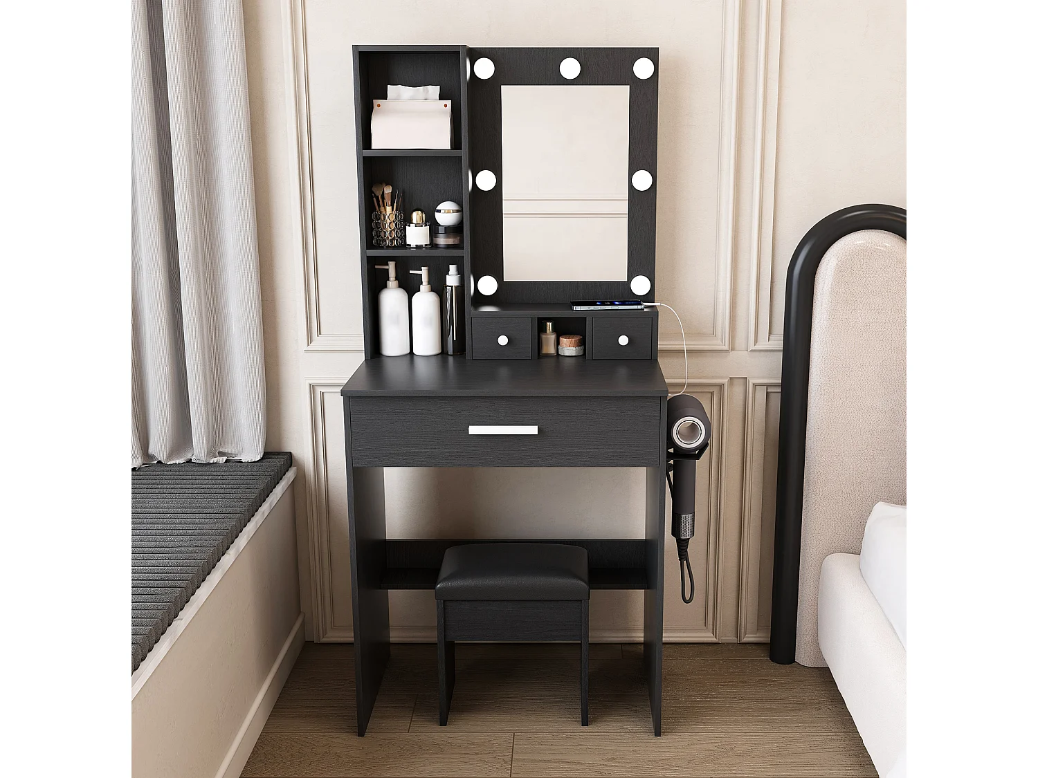 Coiffeuse avec miroir LED, prise, tabouret et 3 tiroirs - Noir 60 x 38 x 131.5 cm