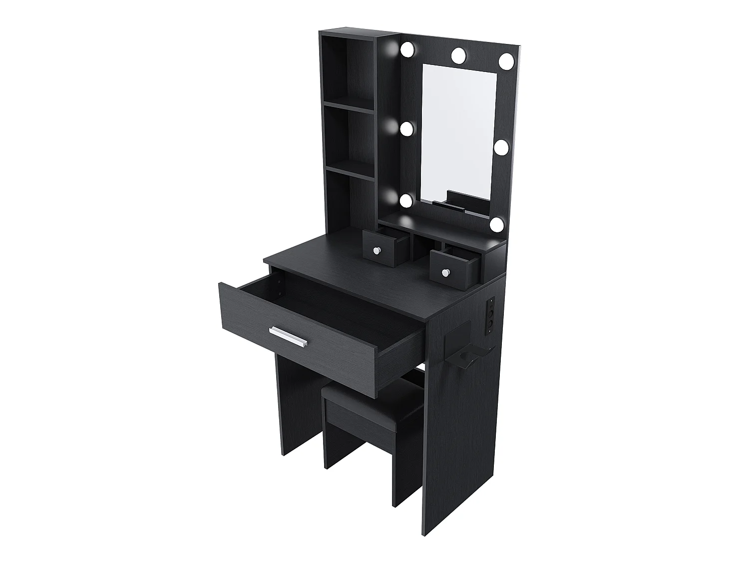 Coiffeuse avec miroir LED, prise, tabouret et 3 tiroirs - Noir 60 x 38 x 131.5 cm