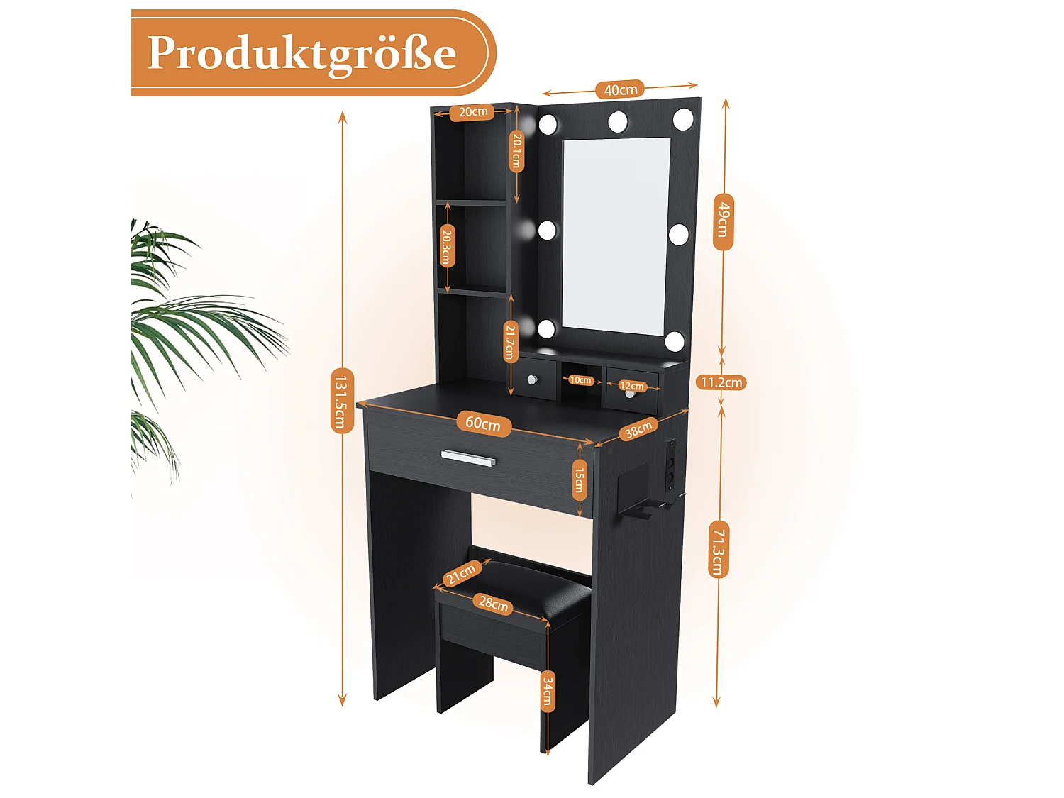 Coiffeuse avec miroir LED, prise, tabouret et 3 tiroirs - Noir 60 x 38 x 131.5 cm