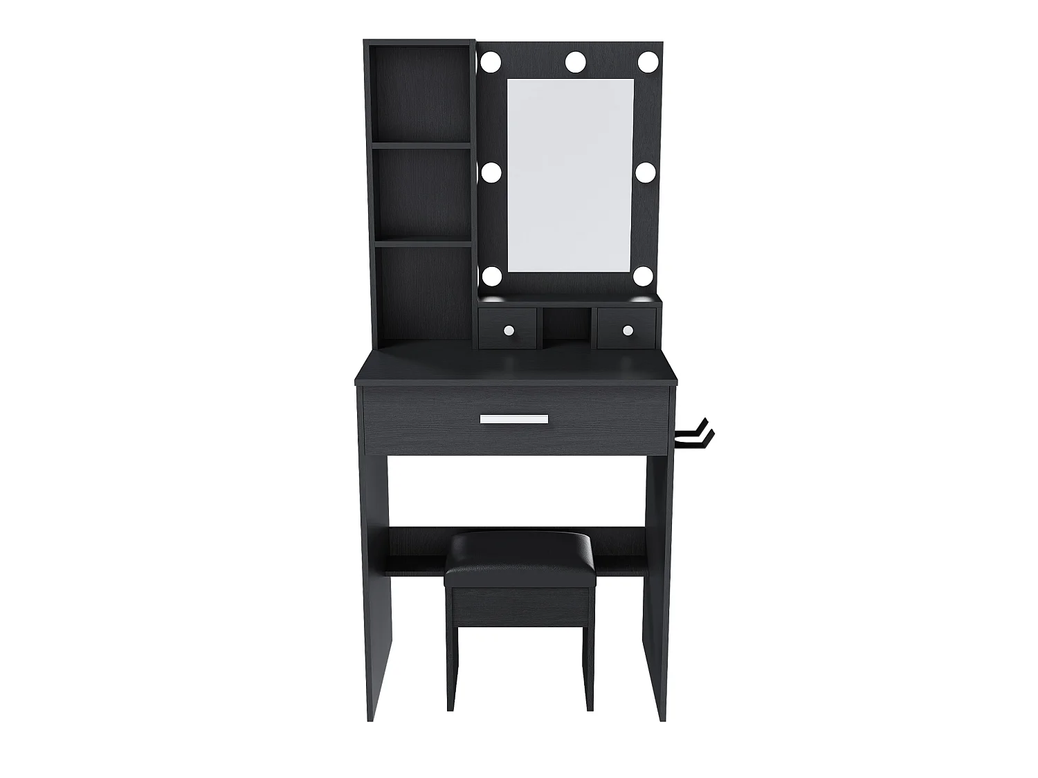 Coiffeuse avec miroir LED, prise, tabouret et 3 tiroirs - Noir 60 x 38 x 131.5 cm