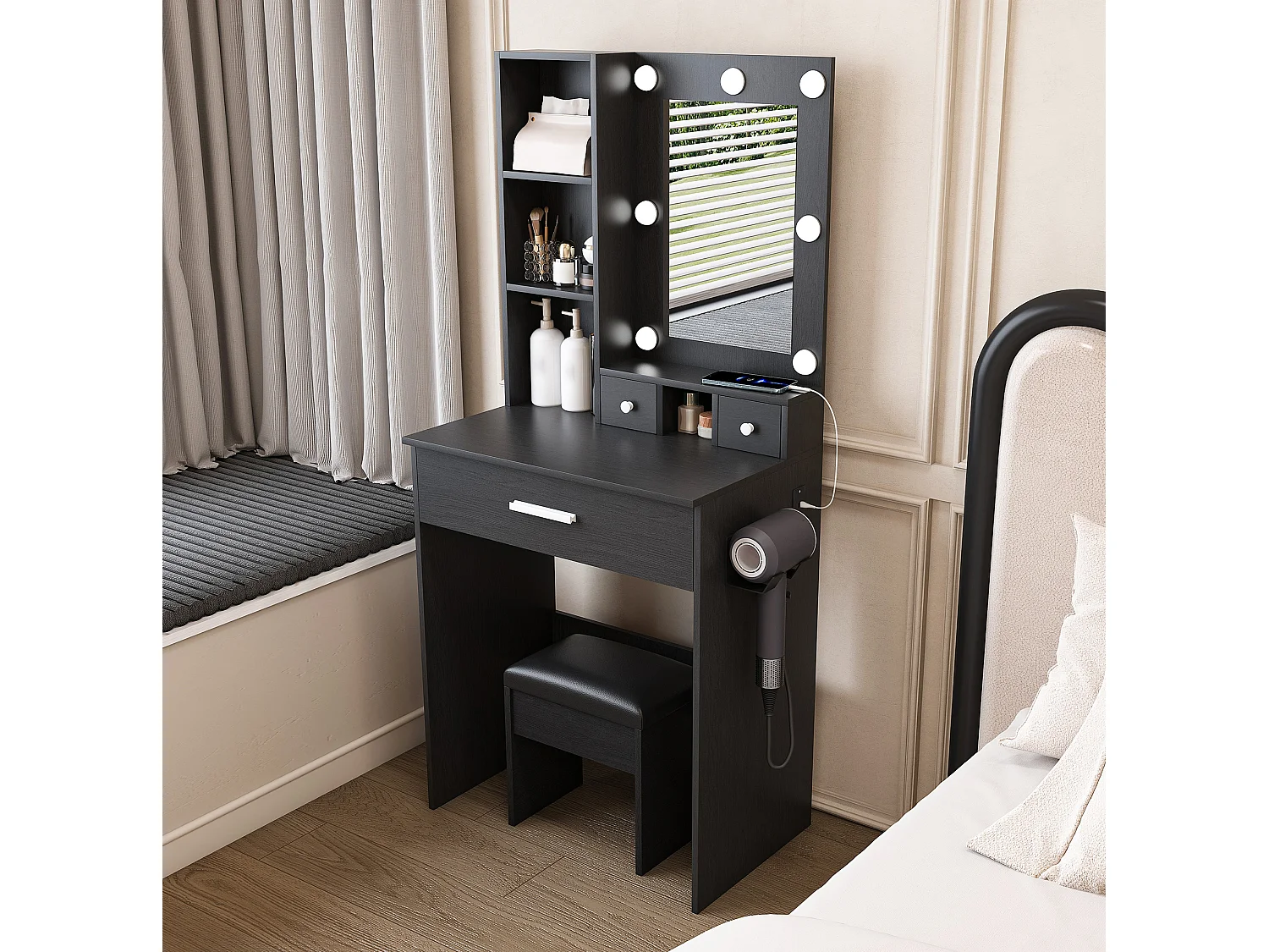 Coiffeuse avec miroir LED, prise, tabouret et 3 tiroirs - Noir 60 x 38 x 131.5 cm