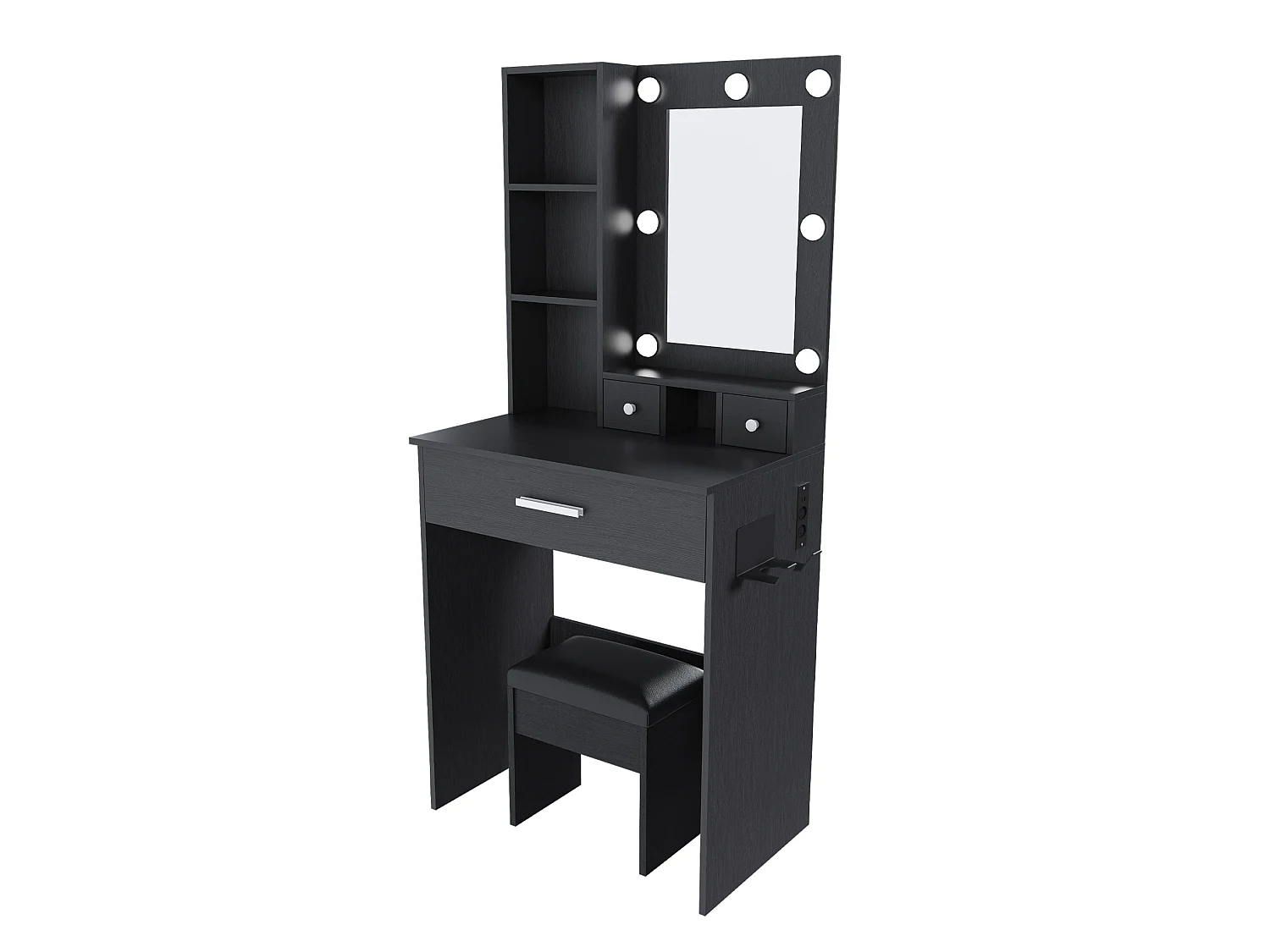 Coiffeuse avec miroir LED, prise, tabouret et 3 tiroirs - Noir 60 x 38 x 131.5 cm