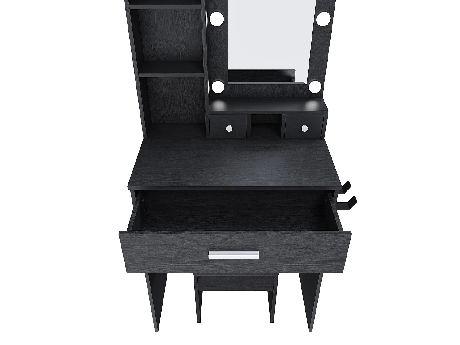 Coiffeuse avec miroir LED, prise, tabouret et 3 tiroirs - Noir 60 x 38 x 131.5 cm