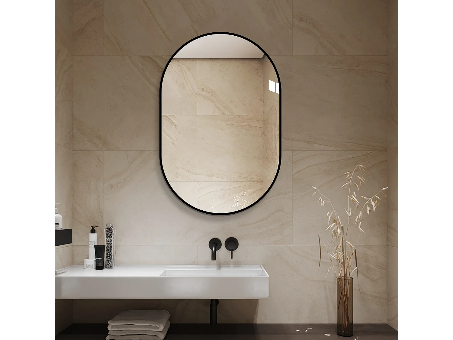 Boogvormige wandspiegel 60 x 90 cm met zwart aluminium frame – Zilveren spiegel