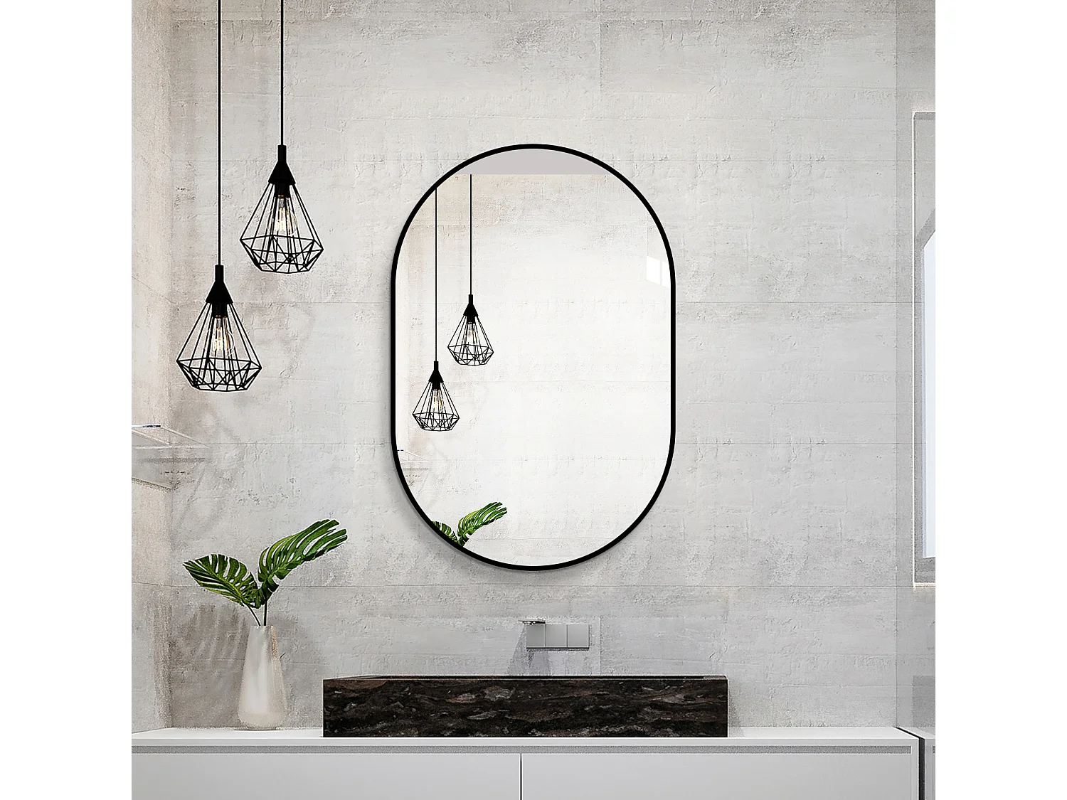 Boogvormige wandspiegel 60 x 90 cm met zwart aluminium frame – Zilveren spiegel