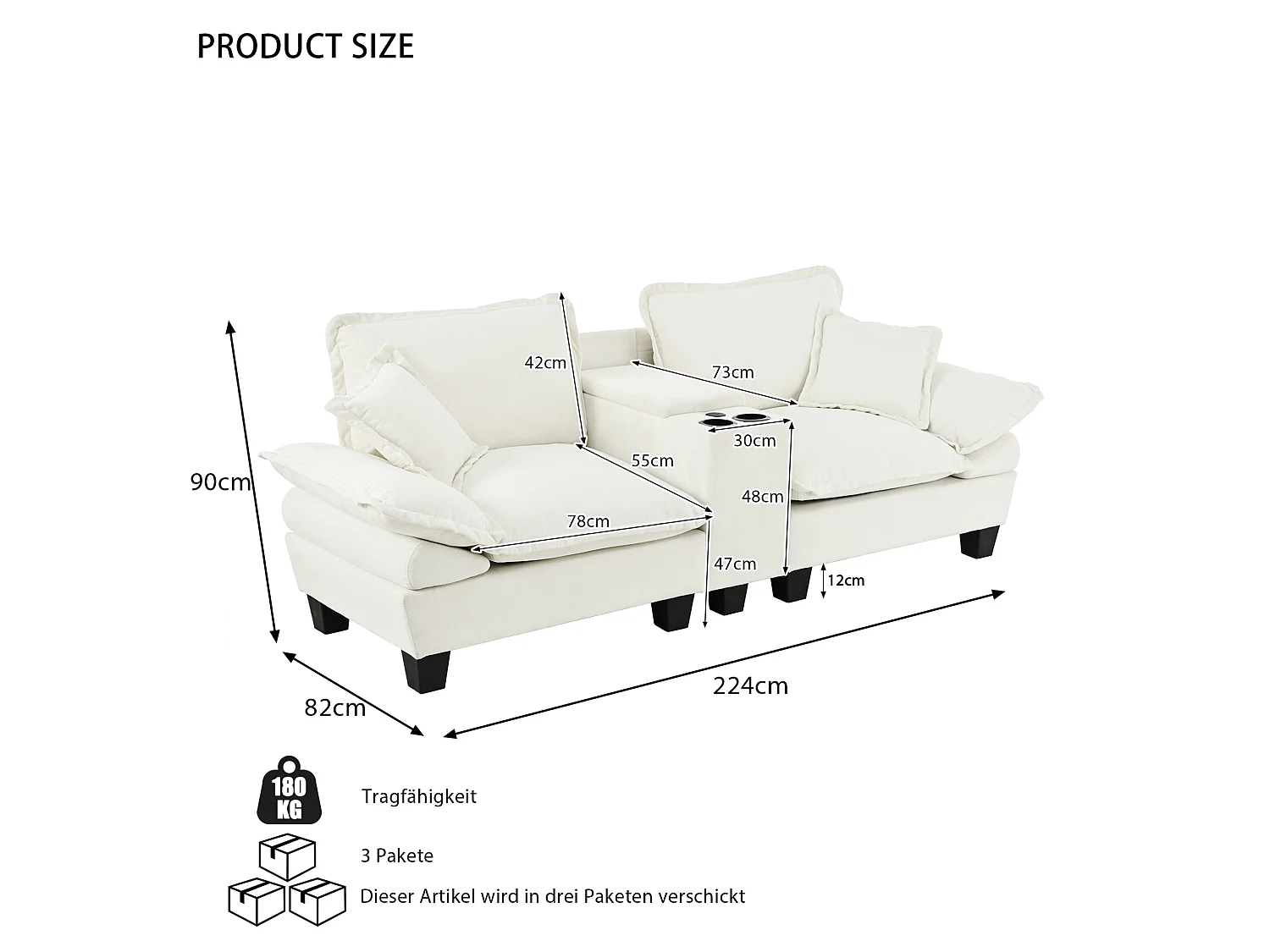 Canapé 2 places avec USB, 2 coussins et porte-gobelets - Chenille beige