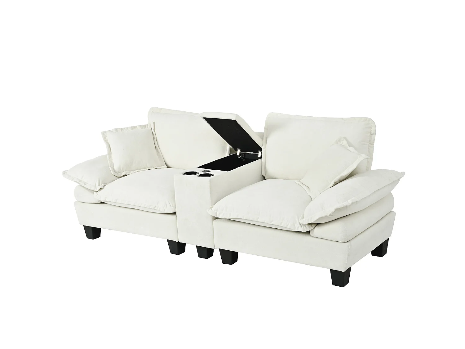 Canapé 2 places avec USB, 2 coussins et porte-gobelets - Chenille beige