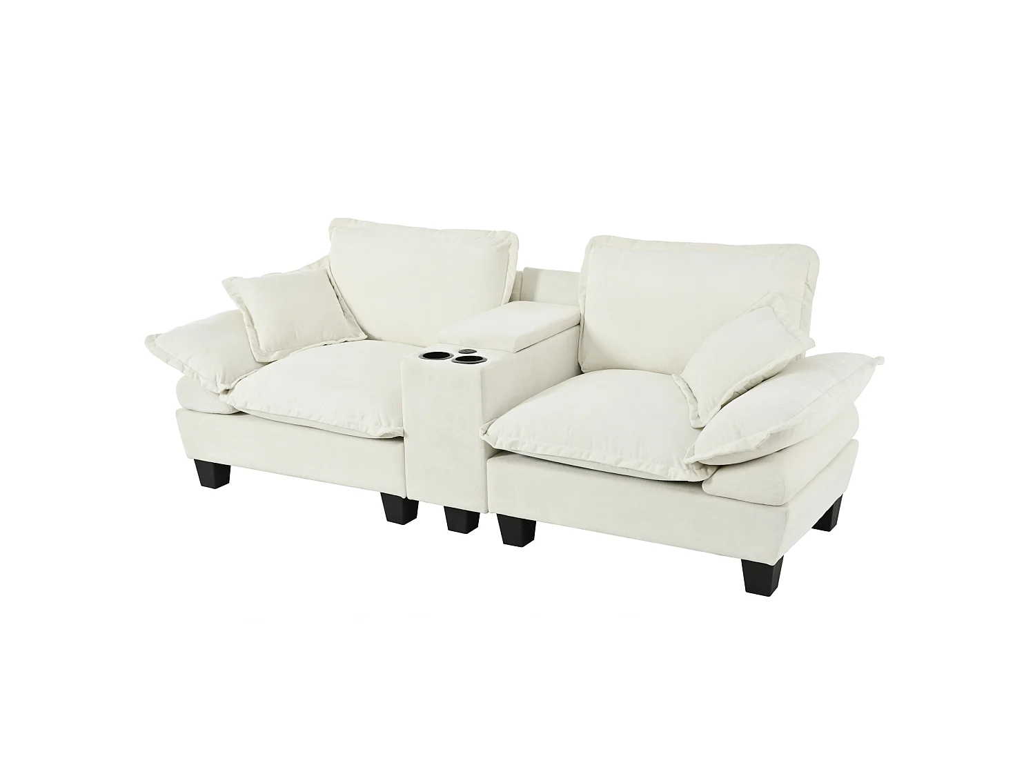Canapé 2 places avec USB, 2 coussins et porte-gobelets - Chenille beige