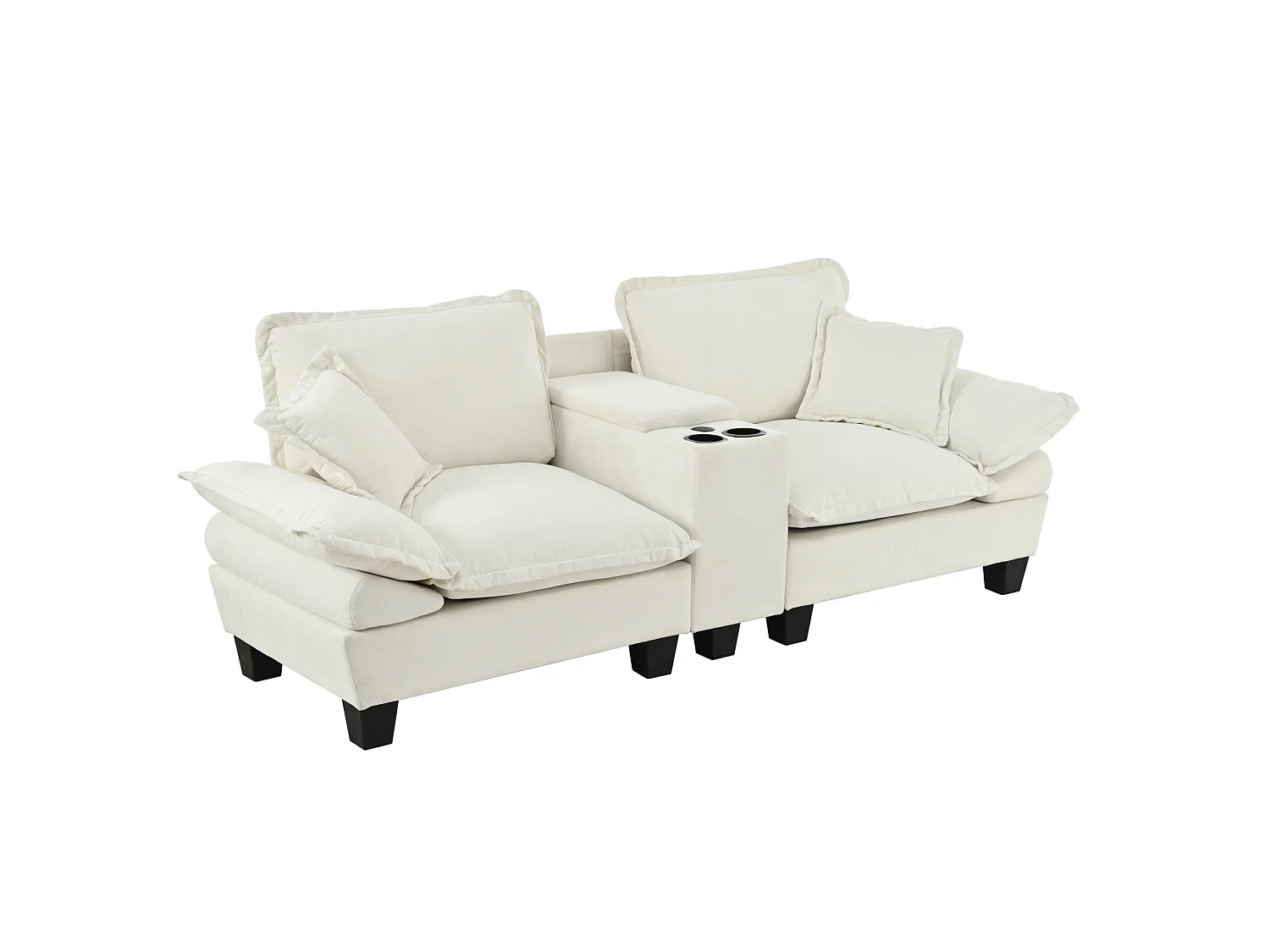 Canapé 2 places avec USB, 2 coussins et porte-gobelets - Chenille beige