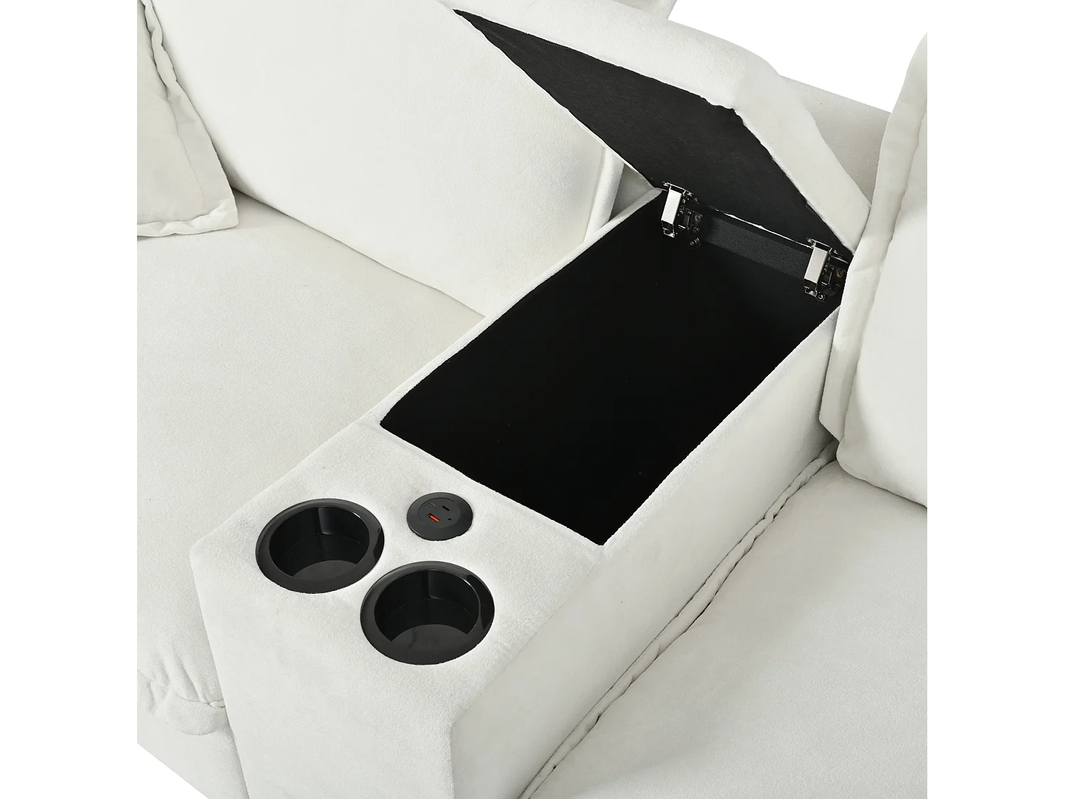 Canapé 2 places avec USB, 2 coussins et porte-gobelets - Chenille beige