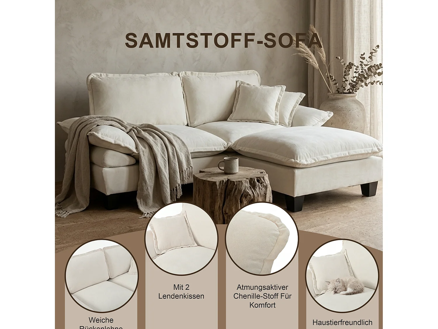 Canapé 2 places avec USB, 2 coussins et porte-gobelets - Chenille beige