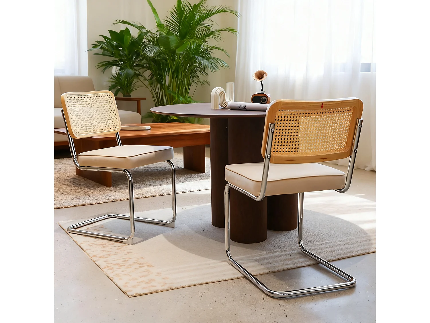 Lot de 2 chaises de salle à manger en rotin et velours - Pieds chromés - Beige
