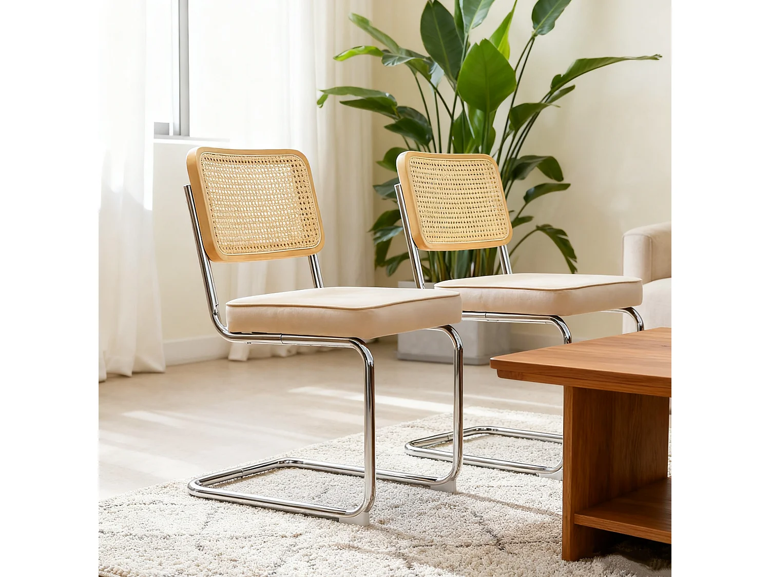 Lot de 2 chaises de salle à manger en rotin et velours - Pieds chromés - Beige