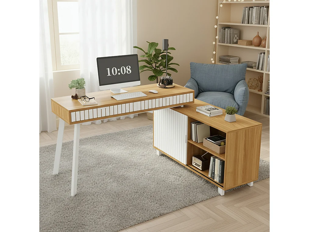 Hoekbureau 140 x 120 x 76,5 cm met 2 lades en een deur, witte en natuurlijke afwerking