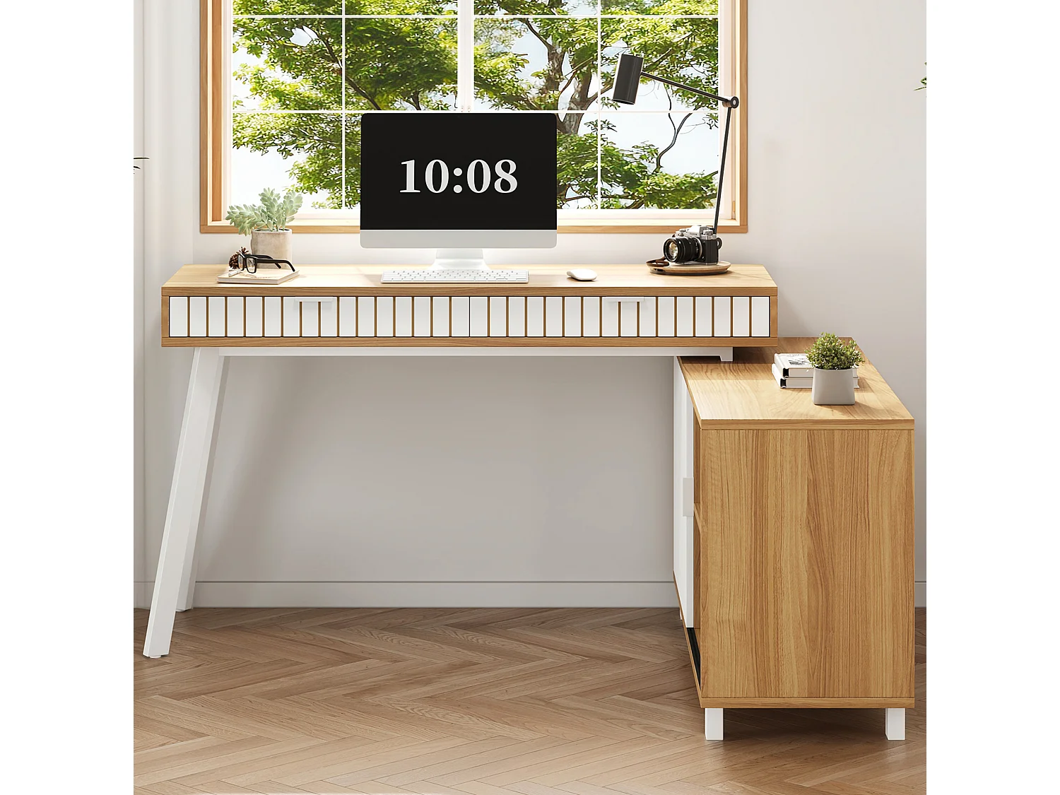 Hoekbureau 140 x 120 x 76,5 cm met 2 lades en een deur, witte en natuurlijke afwerking