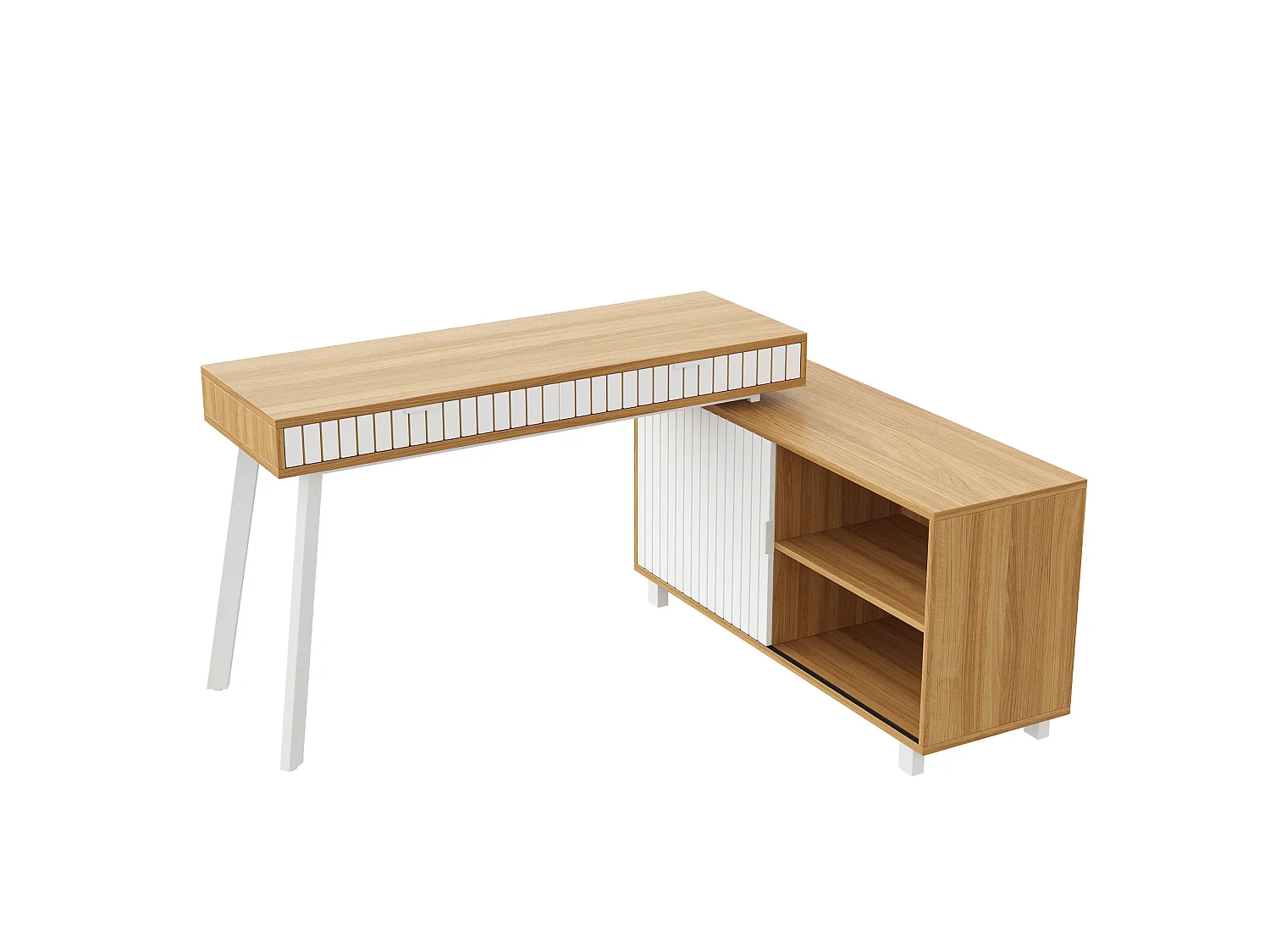 Hoekbureau 140 x 120 x 76,5 cm met 2 lades en een deur, witte en natuurlijke afwerking