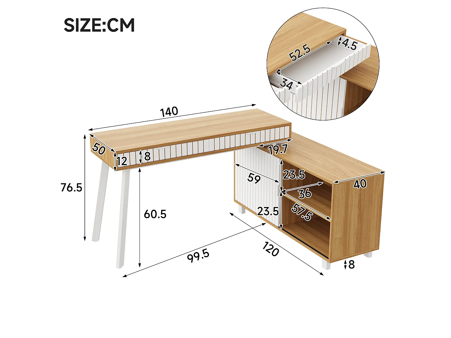 Hoekbureau 140 x 120 x 76,5 cm met 2 lades en een deur, witte en natuurlijke afwerking