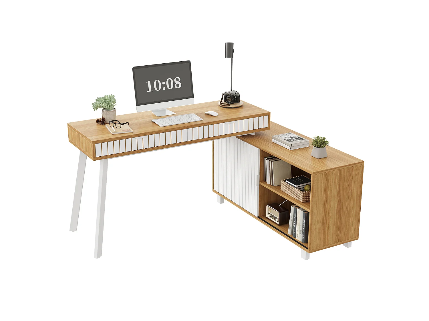 Hoekbureau 140 x 120 x 76,5 cm met 2 lades en een deur, witte en natuurlijke afwerking