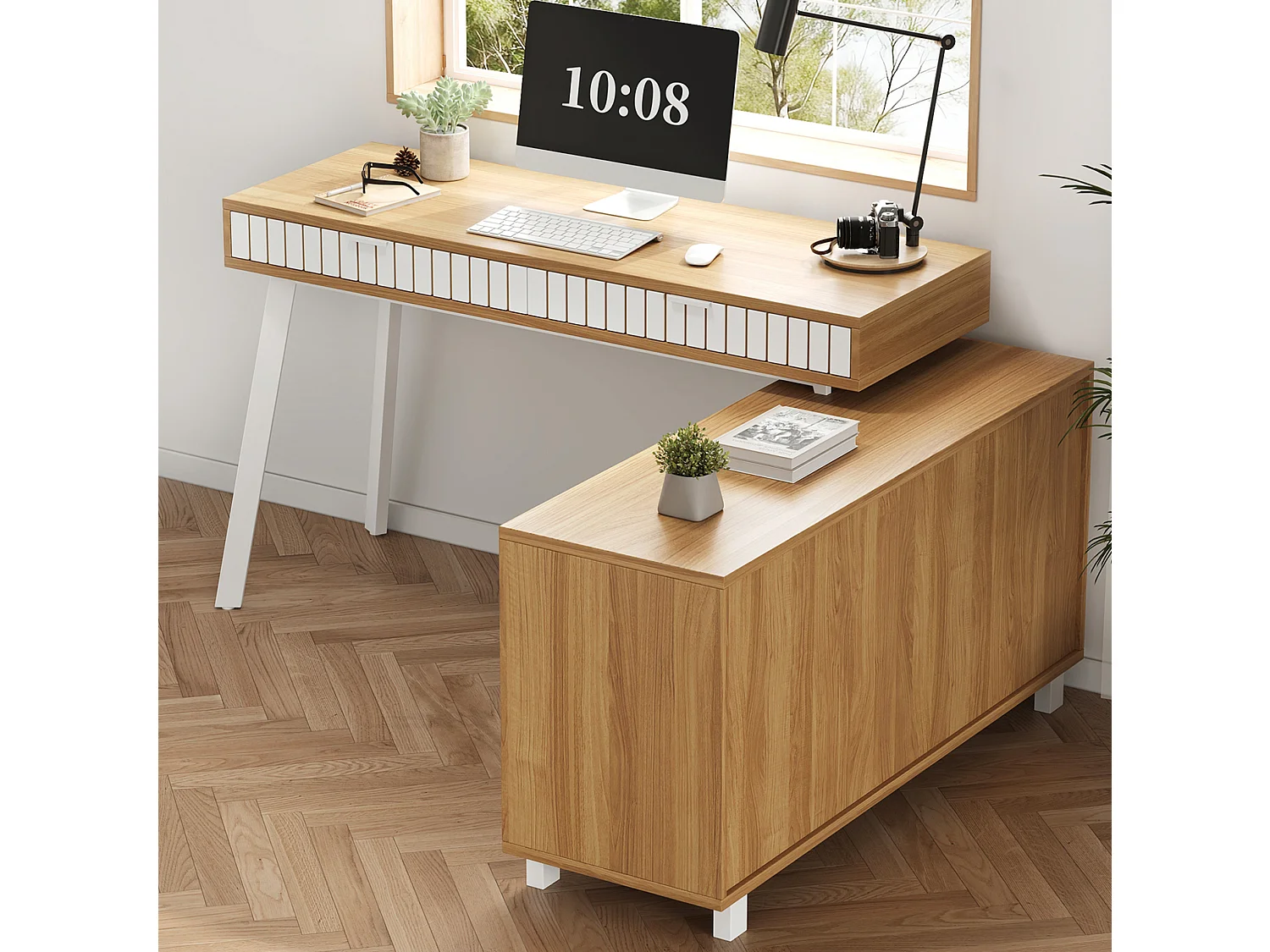 Hoekbureau 140 x 120 x 76,5 cm met 2 lades en een deur, witte en natuurlijke afwerking