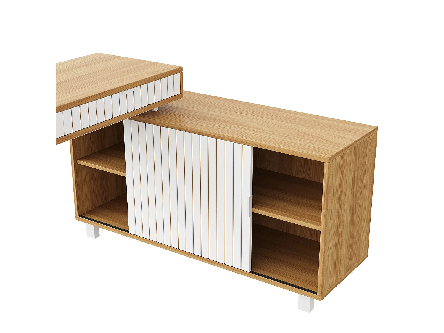 Hoekbureau 140 x 120 x 76,5 cm met 2 lades en een deur, witte en natuurlijke afwerking