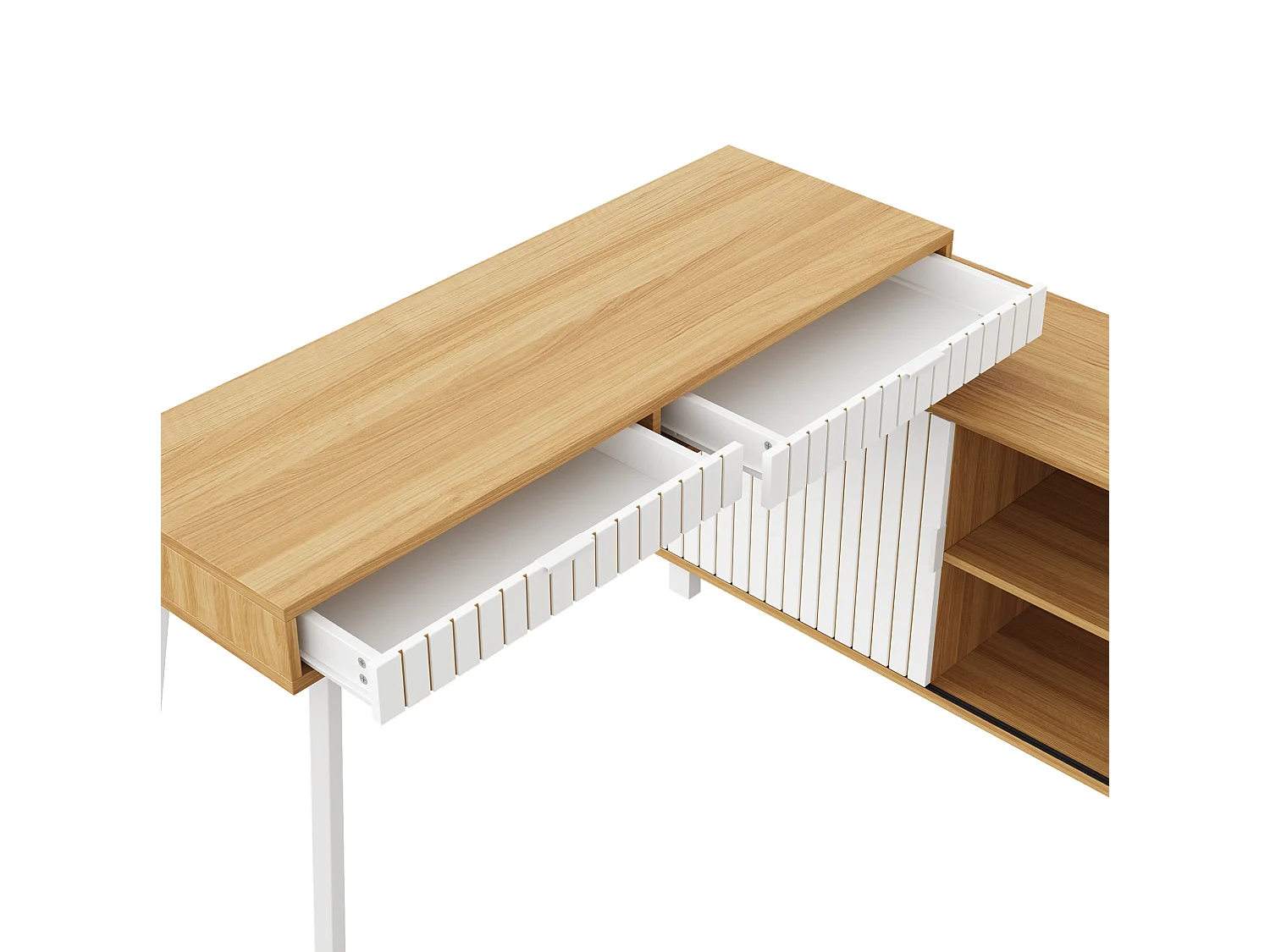 Hoekbureau 140 x 120 x 76,5 cm met 2 lades en een deur, witte en natuurlijke afwerking