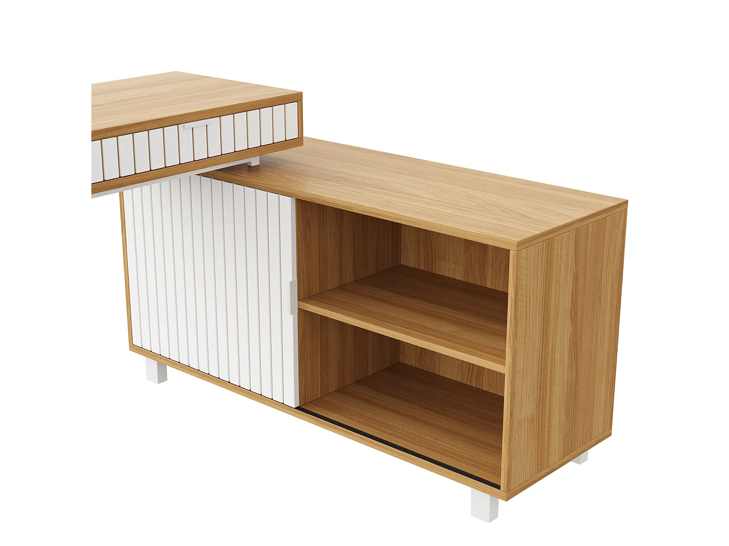 Hoekbureau 140 x 120 x 76,5 cm met 2 lades en een deur, witte en natuurlijke afwerking