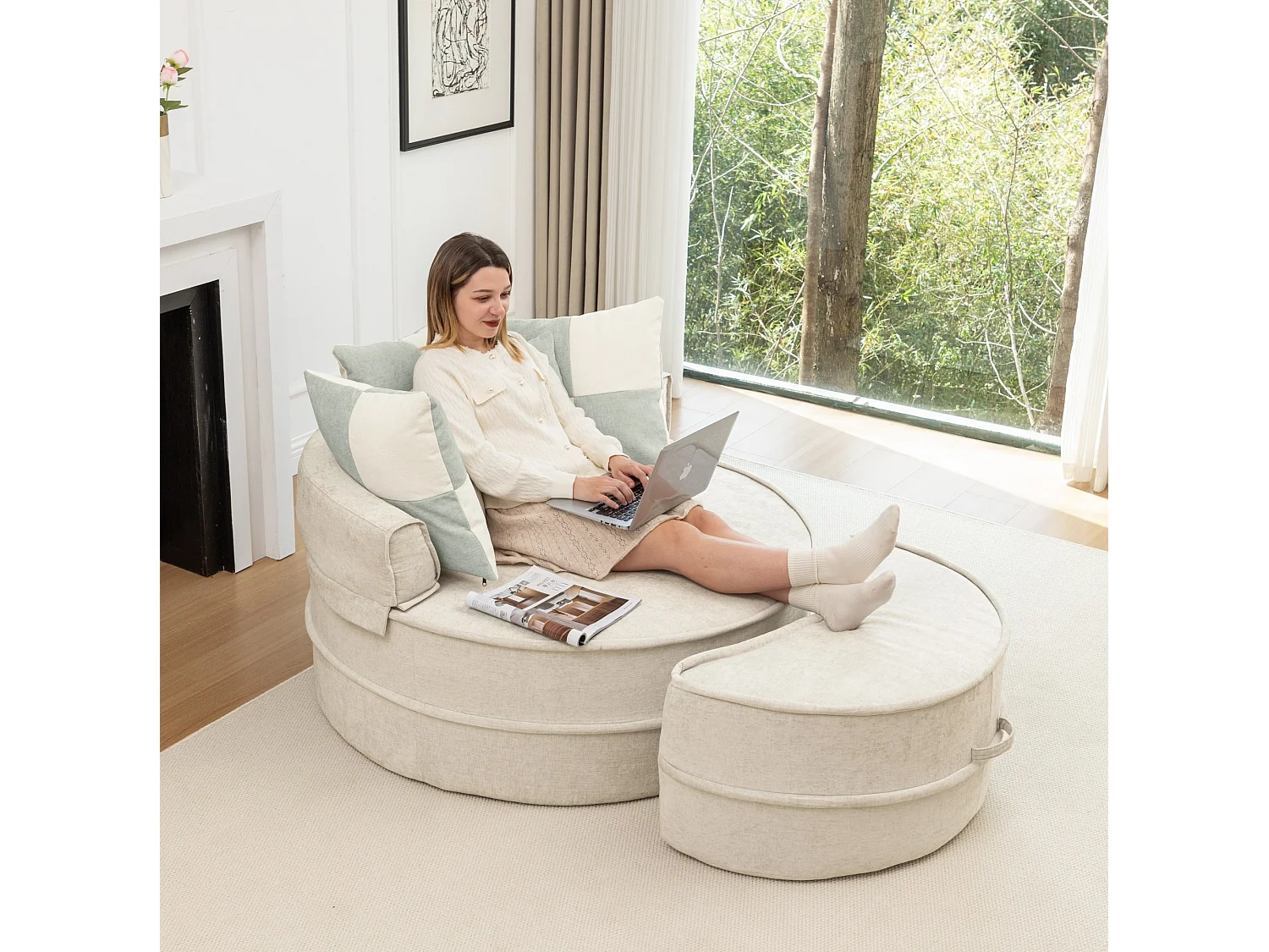 Canapé simple rond avec 5 coussins - Tissu chenille beige - Pour salon et chambre