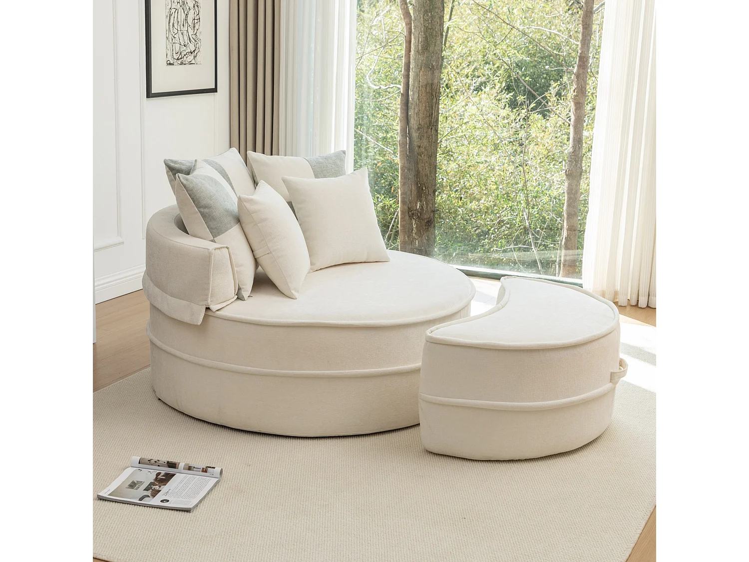 Canapé simple rond avec 5 coussins - Tissu chenille beige - Pour salon et chambre
