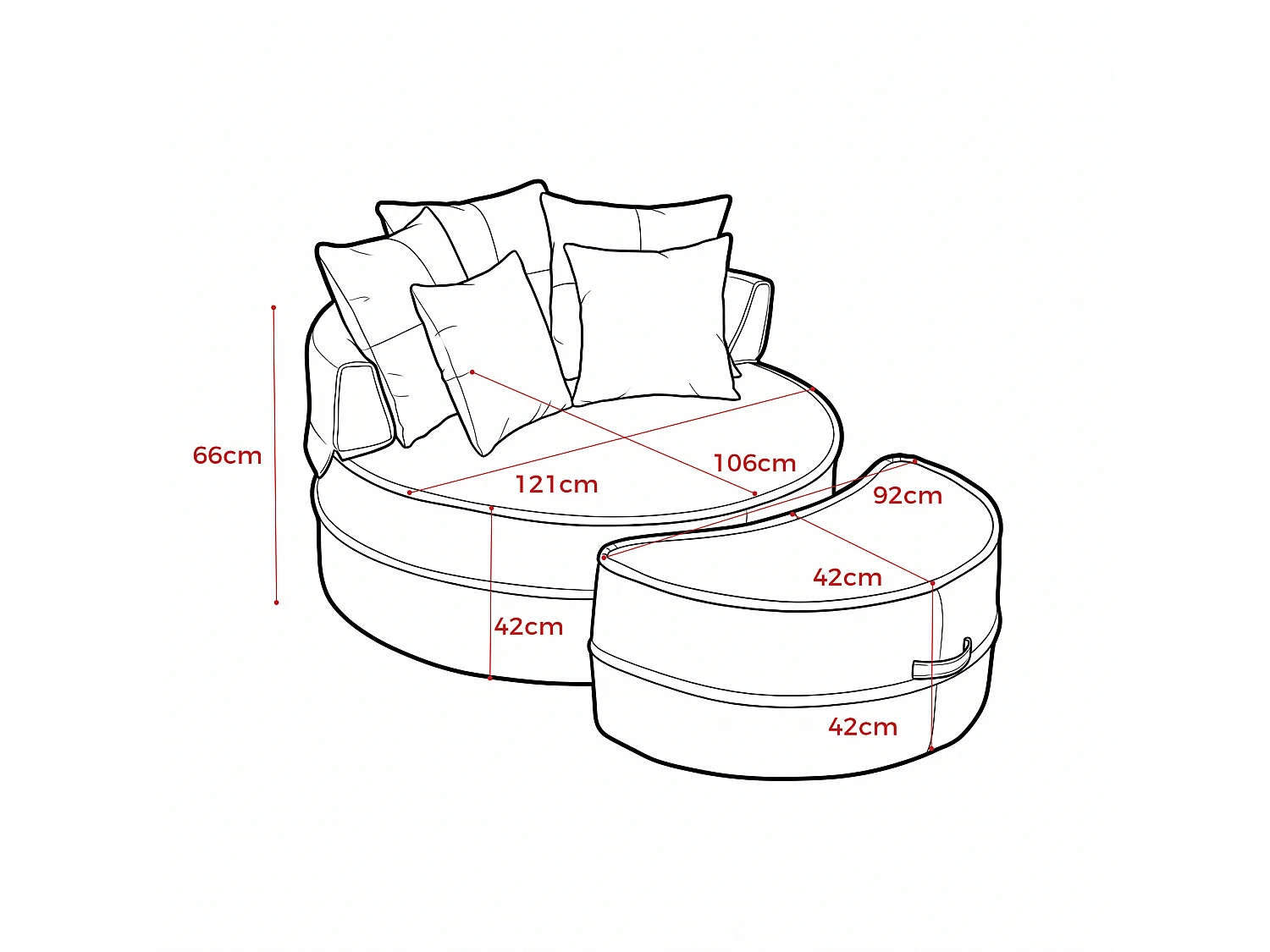 Canapé simple rond avec 5 coussins - Tissu chenille beige - Pour salon et chambre