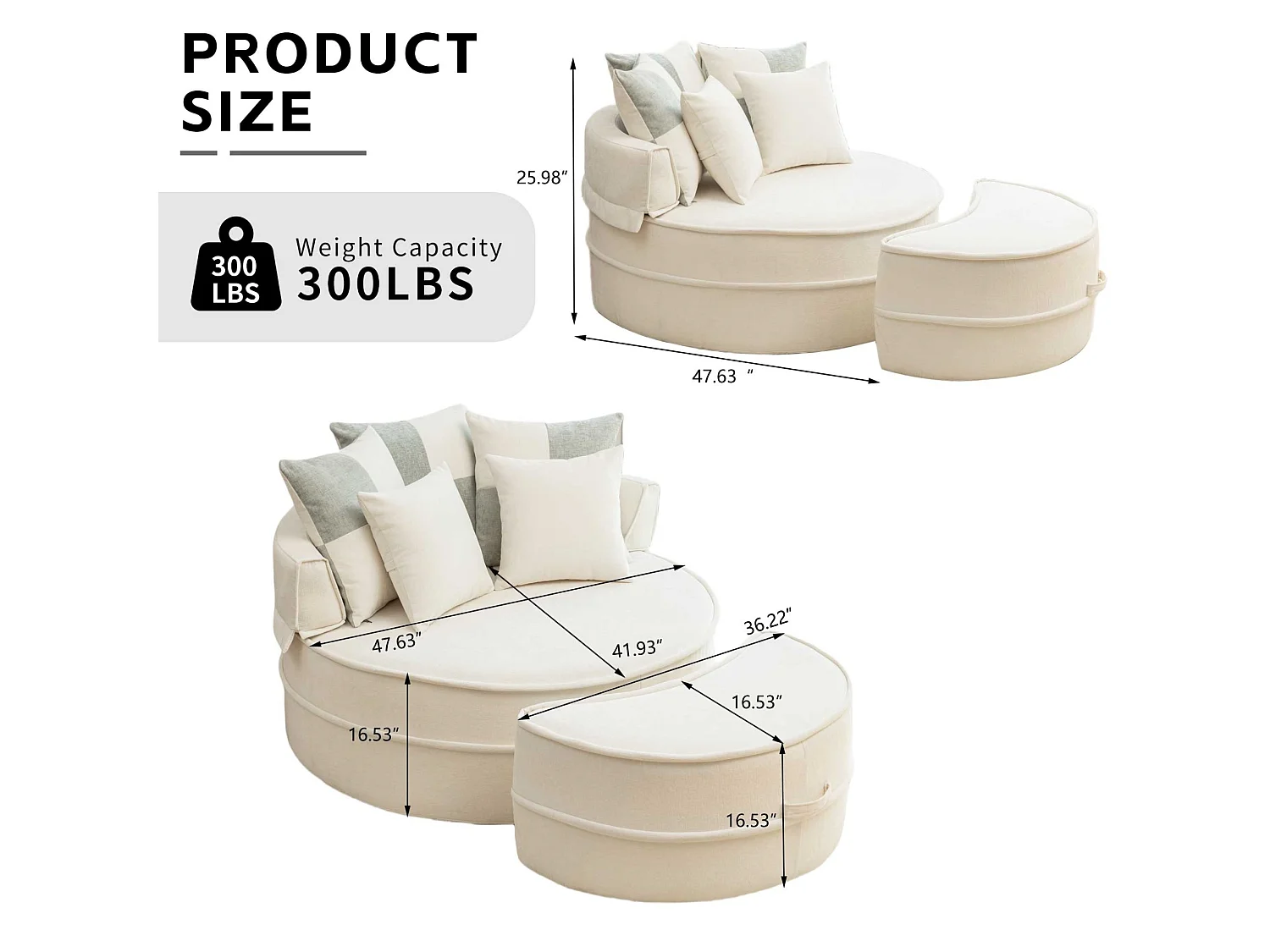 Canapé simple rond avec 5 coussins - Tissu chenille beige - Pour salon et chambre