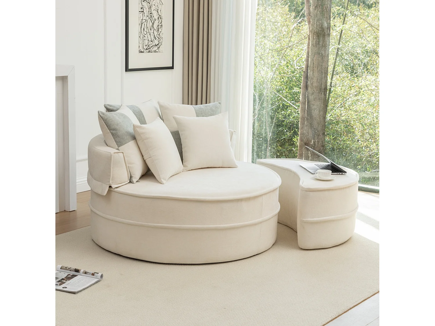 Canapé simple rond avec 5 coussins - Tissu chenille beige - Pour salon et chambre